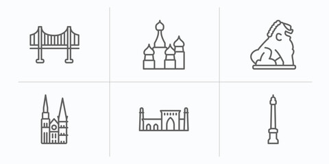 monuments outline icons set. thin line icons such as vincent thomas bridge, russia, imperial guardian lion, chartres cathedral, id kah mosque, monument site vector.