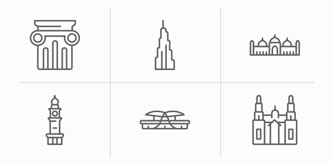 monuments outline icons set. thin line icons such as greek column, , badshahi mosque, clock tower, dpr/mpr building, cathedral vector.
