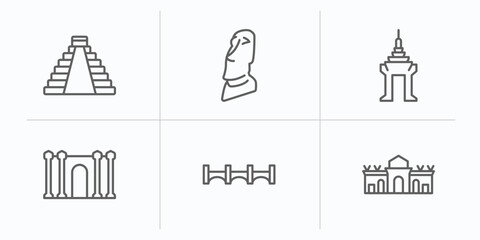 monuments outline icons set. thin line icons such as maya pyramid, moia statues, cambodia, barcelona, bridge of the west, alcala gate vector.