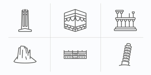 monuments outline icons set. thin line icons such as circle, kaaba building, roman theatre of merida, canyon, palace of versailles, tower of pisa vector.