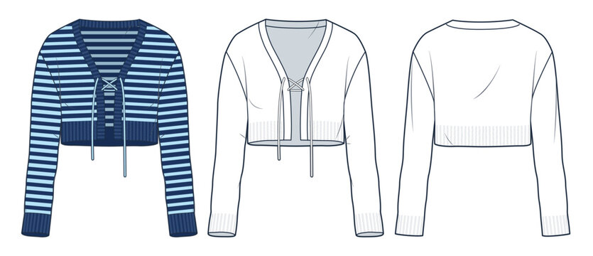 Women's Cardigan technical fashion illustration, blue striped design. Cropped knit Cardigan fashion flat technical drawing template, v neck, lace-up, front and back view, white, women CAD mockup set.