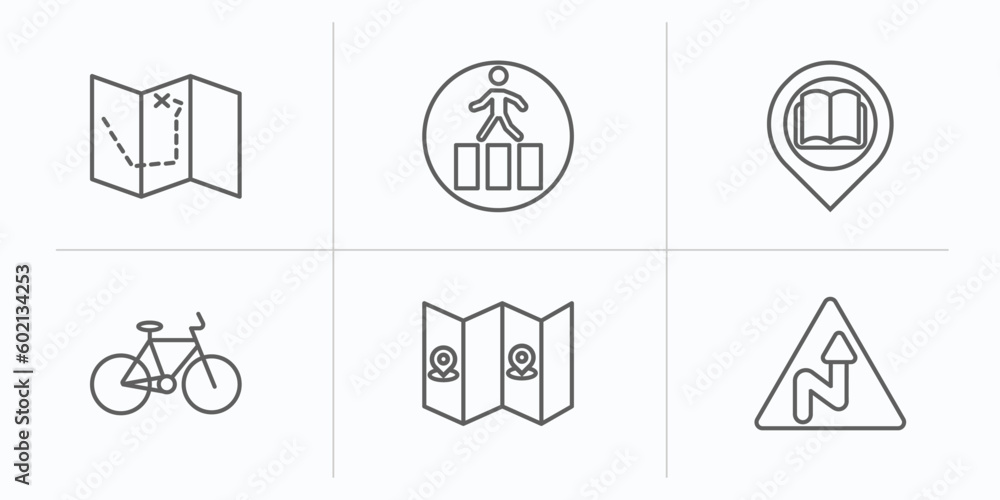 Poster maps and flags outline icons set. thin line icons such as treasure map with x, crossing road caution