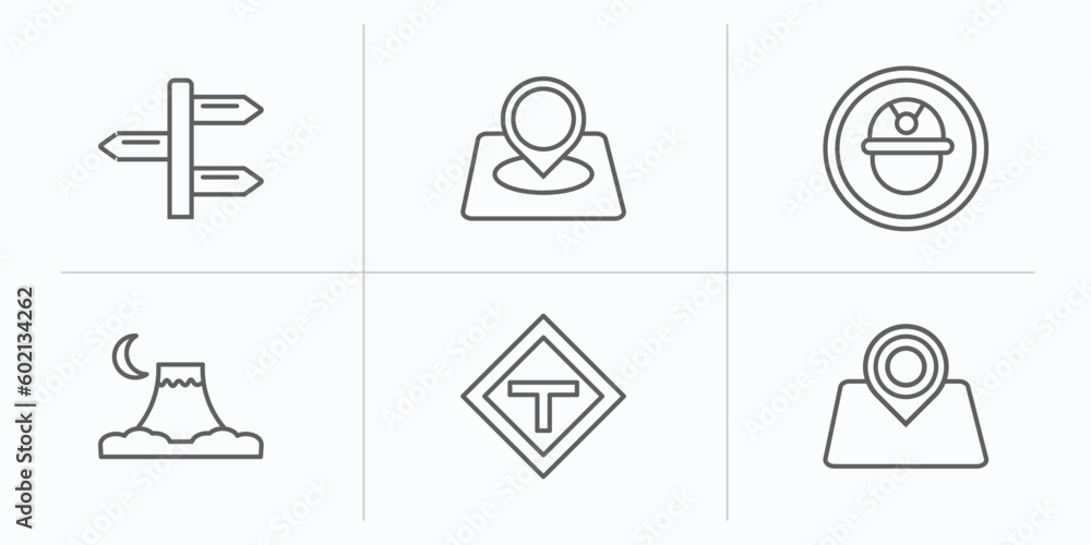 Poster maps and flags outline icons set. thin line icons such as divarication, location marker, mine site, 