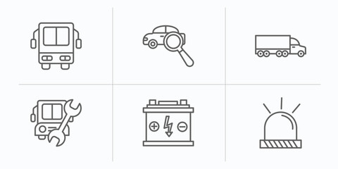 mechanicons outline icons set. thin line icons such as bus front view, searching for car, truck side view, repairing bus, car battery, car beacon on vector.