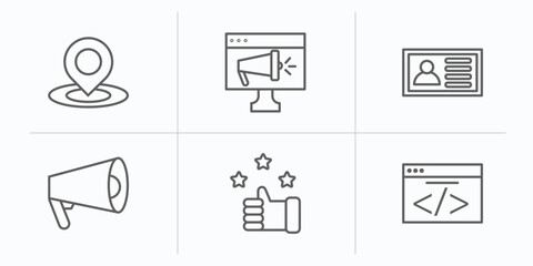 marketing outline icons set. thin line icons such as place, online marketing, id, promote, appreciation, webcode vector.