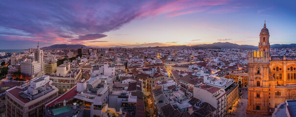 Panoramic aerial view with Malaga Cathedral at sunset - Malaga, Andalusia, Spain - obrazy, fototapety, plakaty