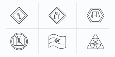 maps and flags outline icons set. thin line icons such as left intersection, narrow two lanes, swings, no luggage, flags, radiactive vector.