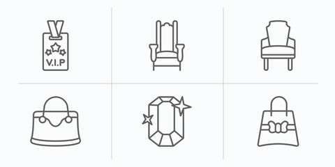 luxury outline icons set. thin line icons such as vip pass, throne, luxury armchair, handbag, ruby, gift bag vector.