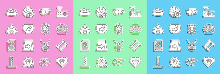 Set line Heart with animals footprint, Dog bone, Pet carry case, Retractable cord leash, Aquarium fish, food bowl for cat dog, and Turtle icon. Vector