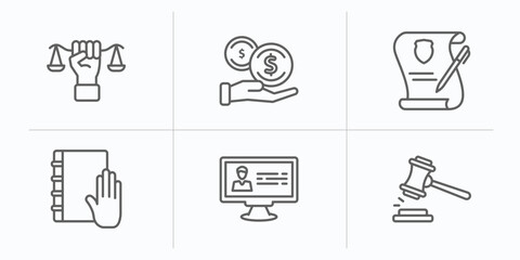 law and justice outline icons set. thin line icons such as roman law, bribery, wills and trusts, law and justice, criminal database, veredict vector.