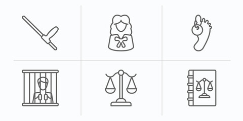 law and justice outline icons set. thin line icons such as baton, attorney, corpse, guilty, adminstrative law, law book vector.