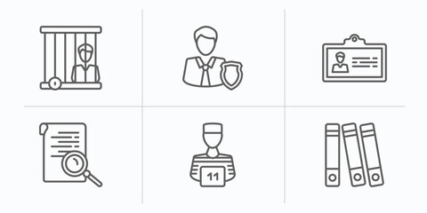 law and justice outline icons set. thin line icons such as prisioner, custody, employment, investigation, convict, practise areas vector.