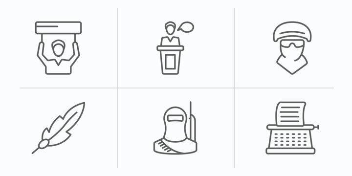 law and justice collection. outline icons set. thin line icons such as civil rights, witness, , feather pen, stenographer