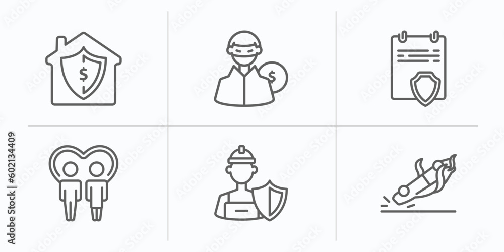 Poster insurance outline icons set. thin line icons such as replacement value, robbery, contract coverage, 