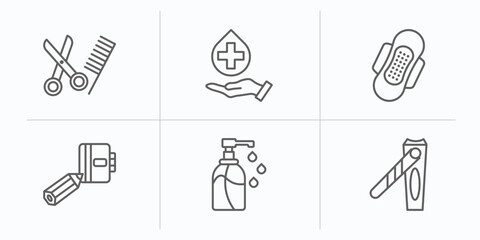 hygiene outline icons set. thin line icons such as grooming, sanitary, sanitary napkin, appointment book, pump bottle, nail clippers vector.