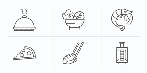 hotel outline icons set. thin line icons such as dish, salad, shrimp, pizza, sushi, luggage vector.