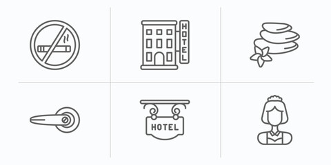 hotel and restaurant outline icons set. thin line icons such as no smoking, hotel, hot stones, doorknob, hotel, servant vector.