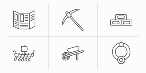 history outline icons set. thin line icons such as trifold, pick, bricks, viking ship, wheelbarrow, bracelet vector.