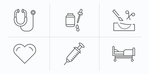 health and medical outline icons set. thin line icons such as stethoscope, serum, surgery, heart, syringe, hospital bed vector.