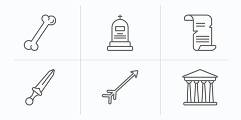 history outline icons set. thin line icons such as bone, tomb, old paper, sword, arrow, pantheon vector.