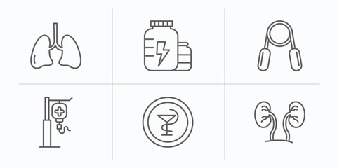 health and medical outline icons set. thin line icons such as lung, proteins, handgrip, saline, medical, urology vector.