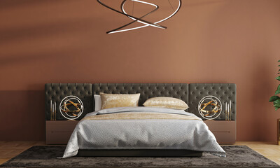Modern orange bedroom interior photo in minimalist style with lighting - 3D rendering