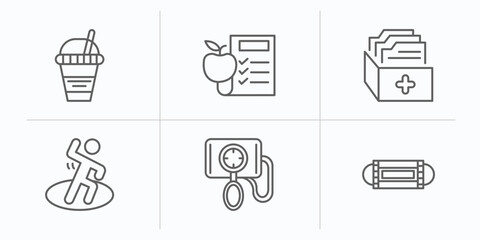 health and medical outline icons set. thin line icons such as juice, nutrition, medical file, exercise, blood pressure gauge, medical mask vector.