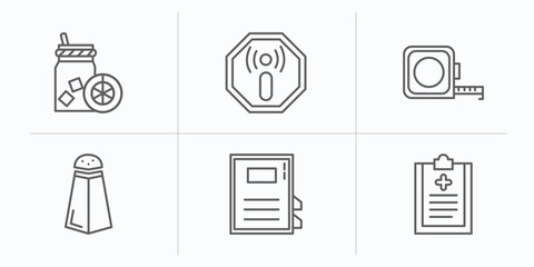 health and medical outline icons set. thin line icons such as orange juice, non ionizing radiation, measure tape, salt, medical book, medical checklist vector.