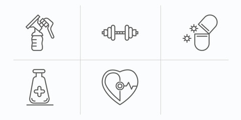 health and medical outline icons set. thin line icons such as breast pump, poisonous, dumbbells, antibiotics, medical substance, cardiology vector.