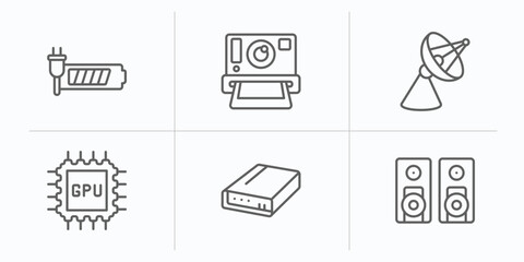 hardware outline icons set. thin line icons such as recharge, camera, parabolic, gpu, local disk, two stereo speakers vector.