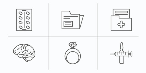 health and medical outline icons set. thin line icons such as medical strip, records, medical result, neurology, rings, injection vector.