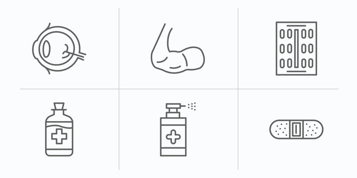 health and medical outline icons set. thin line icons such as ophthalmology, biceps, contraceptive pills, syrup, desinfectant, band aid vector.