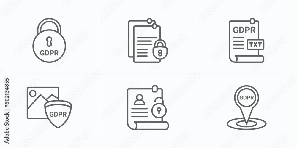 Aufkleber gdpr outline icons set. thin line icons such as keylock, documentation, text file, photo, right to a