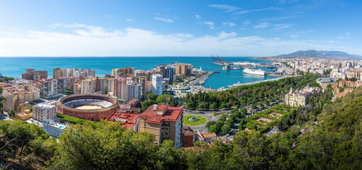 Fototapeta na wymiar Panoramic aerial view with Plaza de Toros, Port of Malaga and City Hall - Malaga, Andalusia, Spain