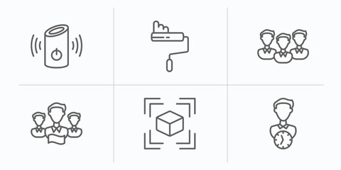 general outline icons set. thin line icons such as smart speaker, painting work, project team, team leader, model preparation, patience vector.