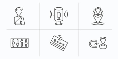 general outline icons set. thin line icons such as shoulder immobilizer, smart assistant, placement, sound control, password phishing, user engagement vector.