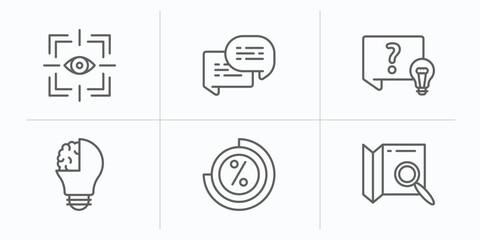 general outline icons set. thin line icons such as trackability, text chat, quiz, invention, loading, map search vector.