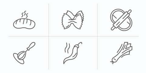 gastronomy outline icons set. thin line icons such as bun, aroni, dough, whisk, spice, leek vector.