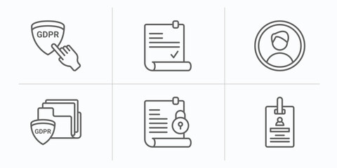 gdpr outline icons set. thin line icons such as finger, consent, account, portfolio, code of conduct, id card vector.
