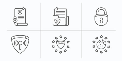 gdpr outline icons set. thin line icons such as medical record, document, lock, communications, gdpr, cookie vector.