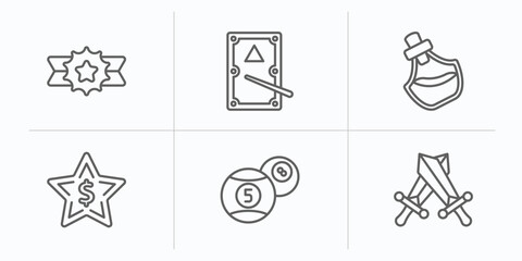 gaming outline icons set. thin line icons such as recognition badge, pool table, potions, bonus, billiard ball, role playing game vector.