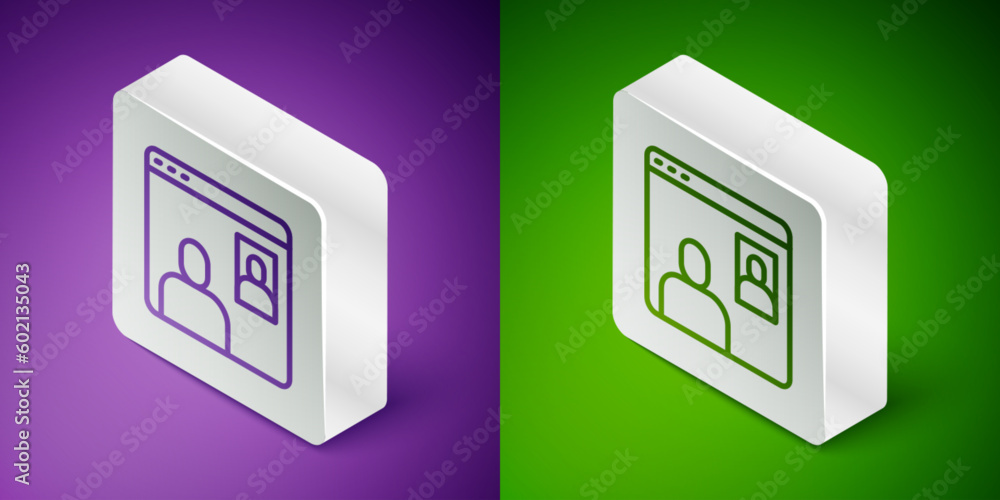 Poster isometric line video chat conference icon isolated on purple and green background. computer with vid