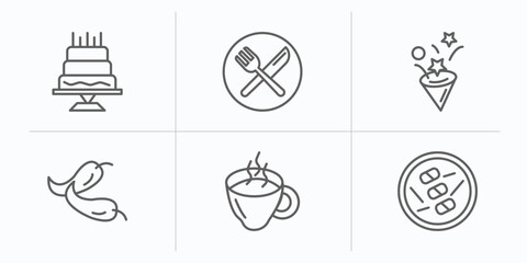 food outline icons set. thin line icons such as five birthday cake, restaurant, congratulations, chili pepper, warm black mug, vector.