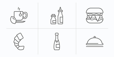 food outline icons set. thin line icons such as hot herbal, condiment, hamburguer, shrimps, champagne bottle, serving dish vector.