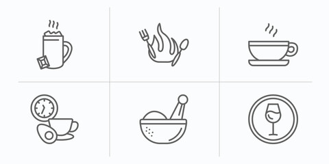 food outline icons set. thin line icons such as hot chote, calories, coffee cup with steam, time to have a break, spices, drinking zone vector.