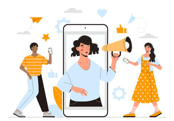 Refer friend concept. Man and woman near phone with girl with loudspeaker. Marketing in social networks, promotion of goods on Internet. Marketer talking to buyers. Cartoon flat vector illustration