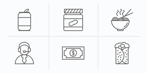 fast food outline icons set. thin line icons such as can, peanut butter, noodles, operator, cash, burrito vector.