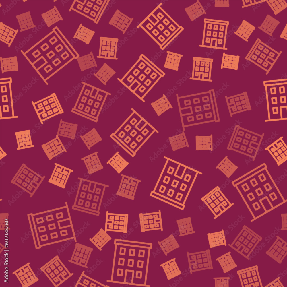 Poster brown line multi storey building icon isolated seamless pattern on red background. vector