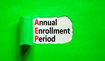 AEP symbol. Concept words AEP Annual enrollment period on beautiful white paper. Beautiful green...