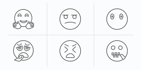 emoji outline icons set. thin line icons such as hugging emoji, suspicious emoji, without mouth, exhausted stress -mouth vector.